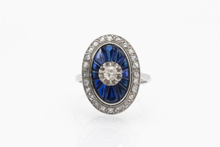 Bague Bague Art déco française avec diamants et saphirs de synthèse en or blanc et platine 58 Facettes 10350