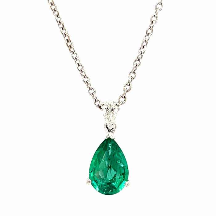 Collier Pendant Necklace Emerald 1, 32 Diamonds White Gold 18 Carats 58 Facettes