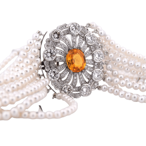 Collier Collier de perles avec médaillon en or blanc 18 carats, perles, saphir, diamants 58 Facettes CL110