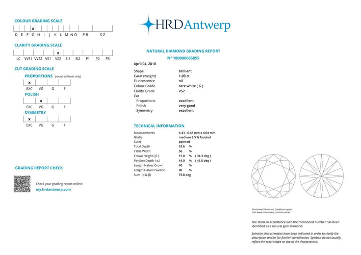 Gemstone DIAMANT NATUREL TAILLE BRILLANT 1,03CT G VS2 (HRD) 58 Facettes D360731LF
