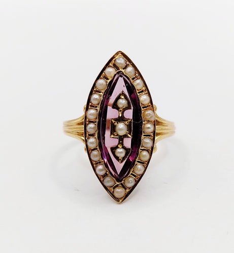 Bague marquise antique en or 18k, verre violet et perles