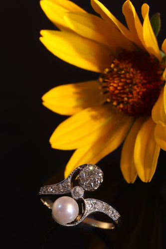 Bague 58 Belle Epoque diamond and pearl engagement ring model toi et moi 58 Facettes 20155-0500