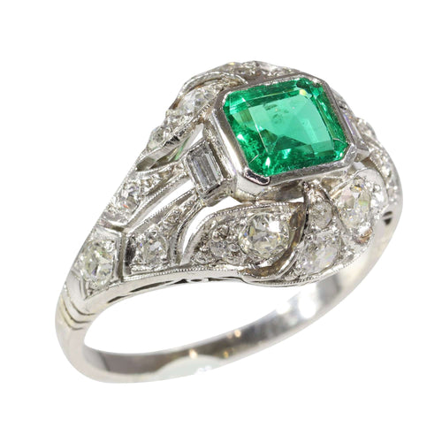 Bague 59 Verdant Vintage : Bague en émeraude colombienne et diamant taille ancienne de 1920 58 Facettes 16144-0061