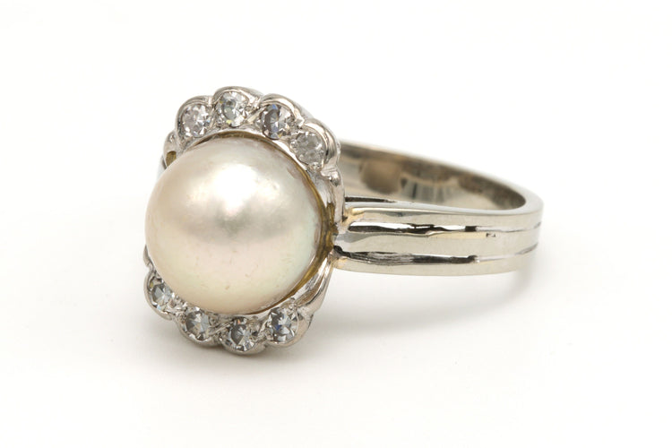Bague 54 Bague Art Déco en or blanc 18 carats sertie d'une perle fine et de diamants 58 Facettes B393