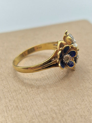 Bague 54 Bague vintage en or jaune et émail, motif bouquet de fleurs 58 Facettes
