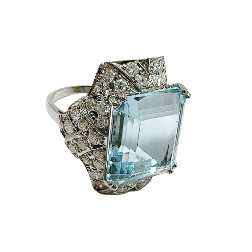 Bague 53 Bague de style Art déco en platine avec aigue-marine centrale et diamants 58 Facettes 50343