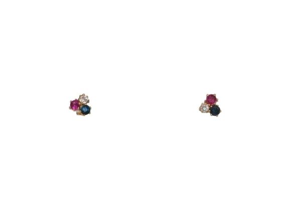 earrings in 18-carat gold adorned with a sapphire, a ruby and a diamond