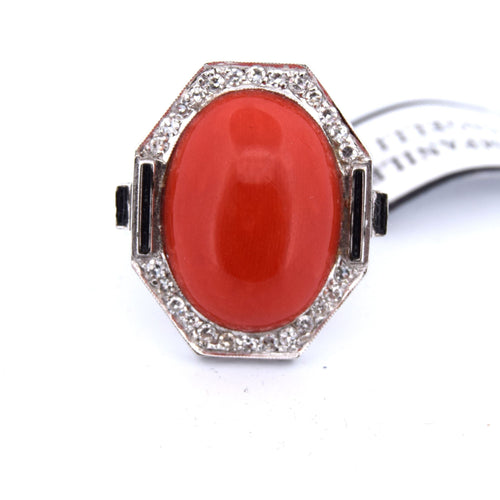 Bague BAGUE - OR BLANC 18KT - CORAIL CABOCHON 58 Facettes