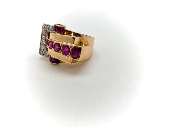 Bague 53 Bague Art Déco or jaune, rubis, diamants 58 Facettes M9044