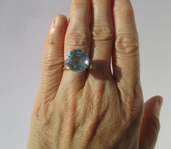 Bague 53 Bague solitaire cocktail aigue-marine 9 carats en or blanc 18k 58 Facettes