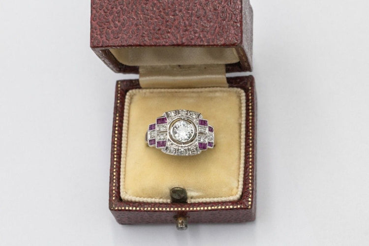 Bague 54 Bague Art Déco géométrique en or blanc 14k avec diamants et rubis 58 Facettes 11204