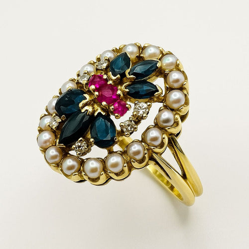 Bague 52 Bague vintage en or jaune ornée de saphirs, rubis, perles et diamants 58 Facettes 50312