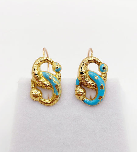 Boucles d'oreilles Dormeuses victorienne or jaune infini et émail bleu (circa 1870) 58 Facettes A06050