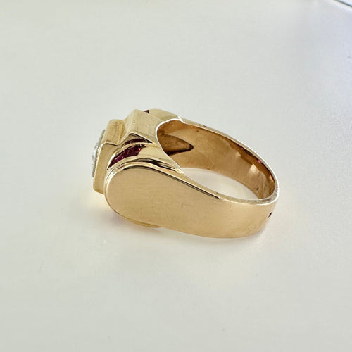 Bague 56.5 BAGUE TANK RUBIS CALIBRE ET DIAMANT EN OR JAUNE 18K 58 Facettes