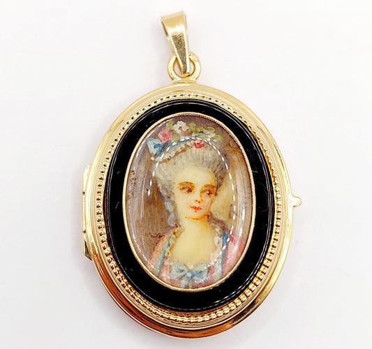 Pendentif Pendentif porte photo or rose, miniature demoiselle et onyx (circa 1900) 58 Facettes A05940