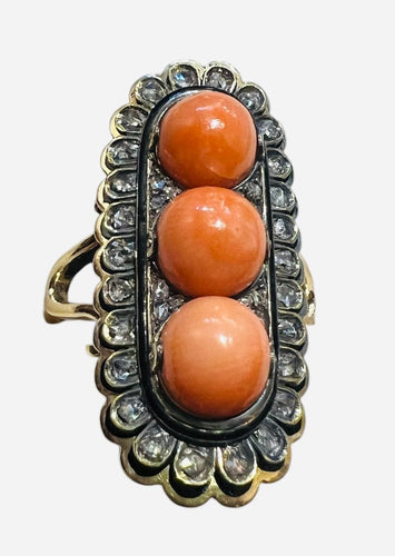 金戒指、珊瑚珍珠、老式切割钻石、黑色珐琅