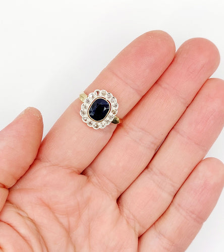 Bague 60 Bague pompadour Art Déco or et platine, saphir synthétique de 3,00 carats, diamants taille rose (circa 1920) 58 Facettes A04827