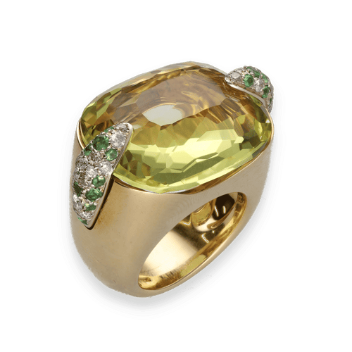 Bague 51 Bague Pomellato Pin Up – Or Jaune 18k – Quartz Jaune, Diamants & Tsavorites – Vers 2000 – Taille 51 – Boîte d'Origine 58 Facettes FB11038