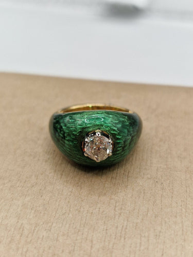 Inel vintage din email cu diamant tăiat vechi în aur galben 