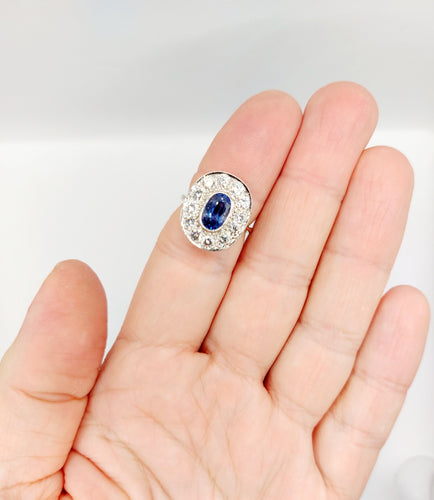 Pompadour-ring Art Deco i 18k hvidguld, syntetisk safir og diamanter 