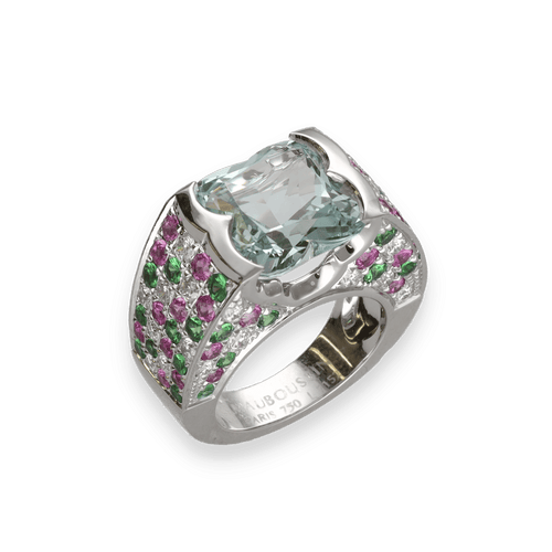 Bague 46,5 Bague Mauboussin Cocktail – Or Gris 18k – Aigue-Marine, Diamants, Émeraudes & Rubis – Taille 46,5 58 Facettes FB11039