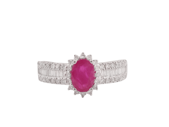 Bague 54 Bague entourage en or blanc, rubis et diamants 58 Facettes 33066