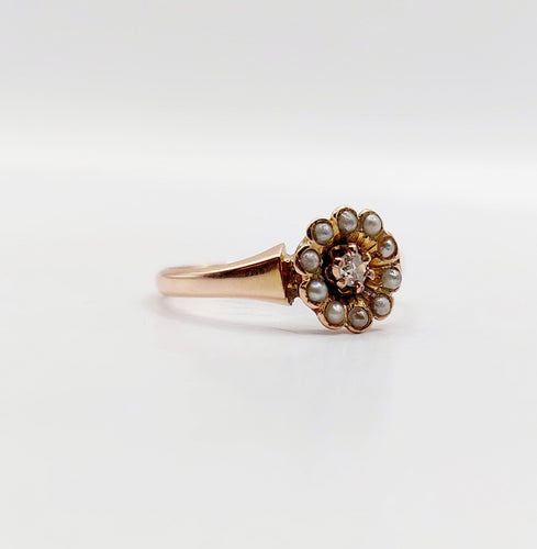 Bague 51.5 Bague marguerite or rose, diamant et perles (circa 1900) 58 Facettes A06283