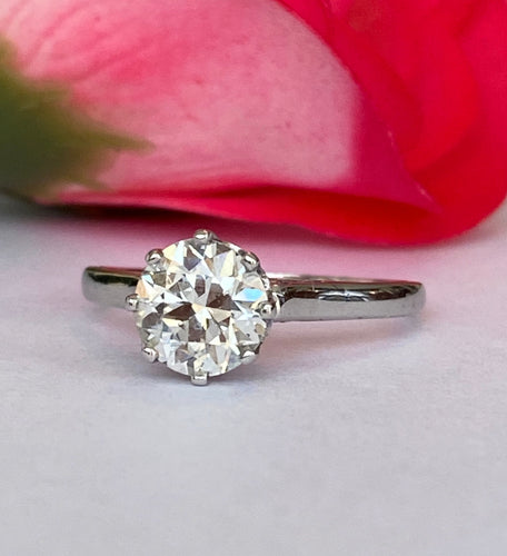 Bague 53.5 Solitaire en or, style Art déco tardif, serti d'un diamant taille brillant ancien de 1,14 carat. 58 Facettes