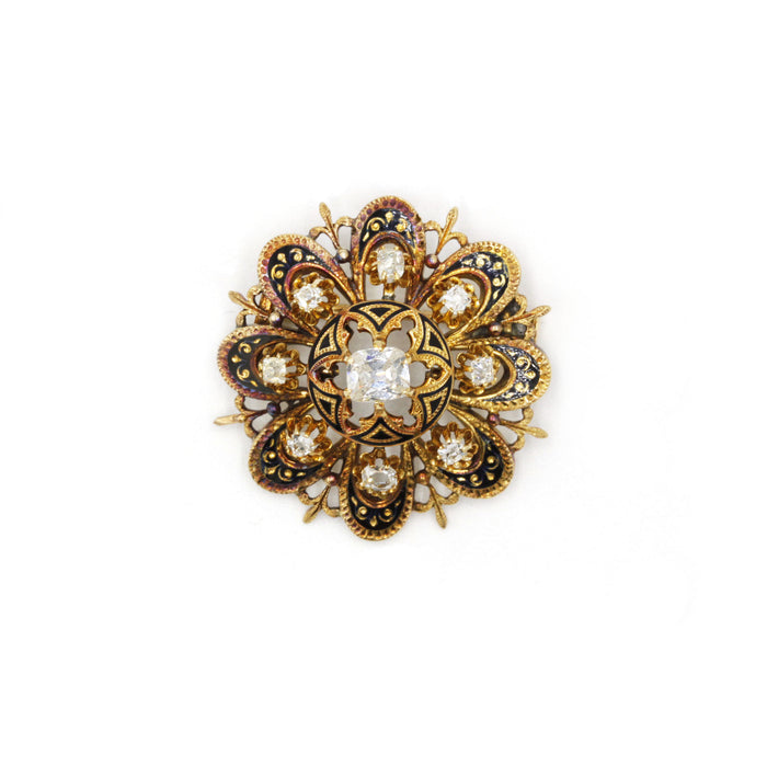 Gold enamel diamond brooch