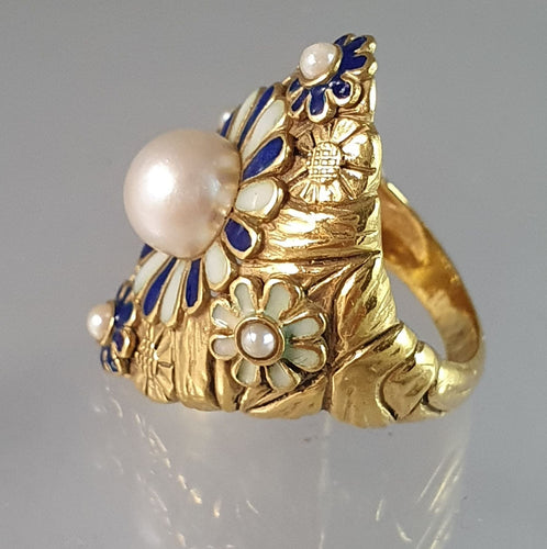 Bague 53 Bague or jaune motif émaillé avec perle au centre 58 Facettes C 308/iee