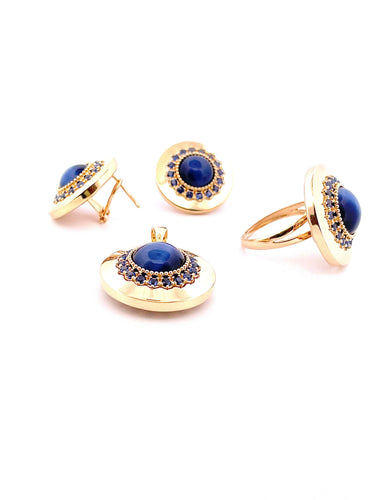 Boucles d'oreilles Parure 4 pièces en or jaune 18 carats saphirs bleus et chrysobéryls oeil de chat 58 Facettes