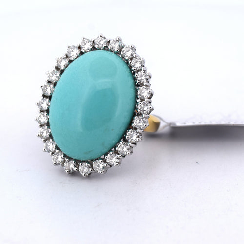 Bague 54 Bague vintage en or blanc 18 carats ornée d'une turquoise cabochon et de diamants 58 Facettes
