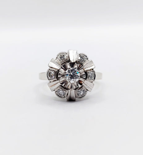 Inel floare art deco din aur alb 18k și 0,50 carate de diamante 