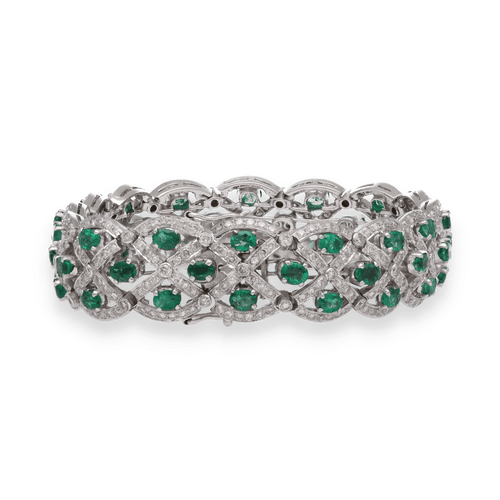 Bracelet Bracelet en or gris 18K avec 6,00 ct demeraudes ovales et 4,00 ct de diamants H-VS - 17,5 cm - Vers 2000 58 Facettes FB09597
