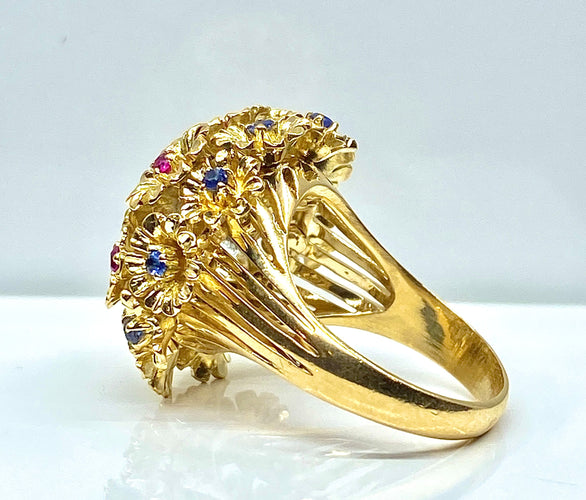 Anello - Anello multifiori in oro giallo e zaffiri, rubini, diamanti 