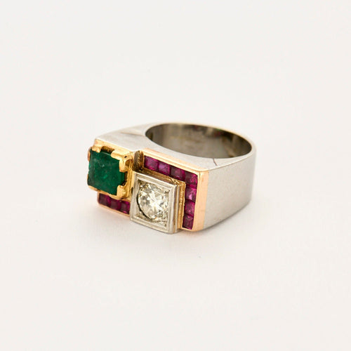 Bague 47.5 Bague Tank platine et or jaune, émeraude, rubis et diamants 58 Facettes 250212