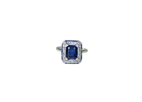 Bague 57 Bague de fiançailles Art déco saphirs synthétiques et diamants en or blanc 18k et platine 58 Facettes