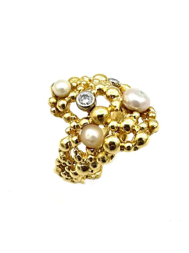 Bague 51 GILBERT ALBERT. Bague or jaune 18K, perles et diamants 58 Facettes