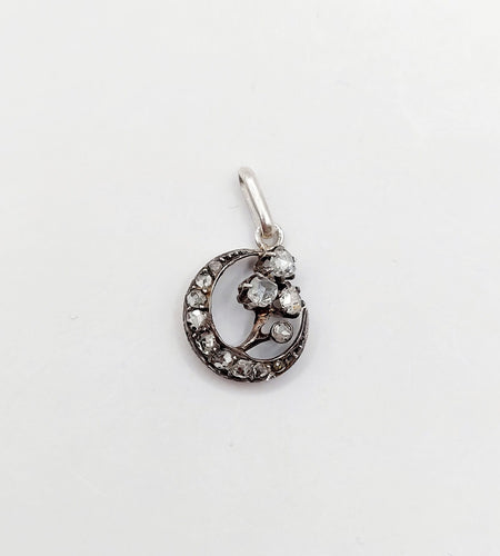 Pendentif Pendentif victorien croissant de lune en or rose 18k et argent, diamants taille rose 58 Facettes A06524