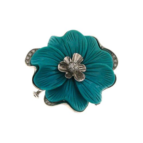 Pendentif Broche-Pendentif en or blanc, Turquoise « Rose » Iran, Diamants naturels 58 Facettes HG-200173