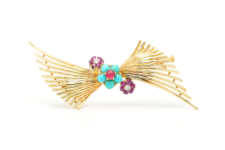 Broche années 50 or jaune,  turquoises, de rubis et de diamants (+-0.05ct) 58 Facettes 22640