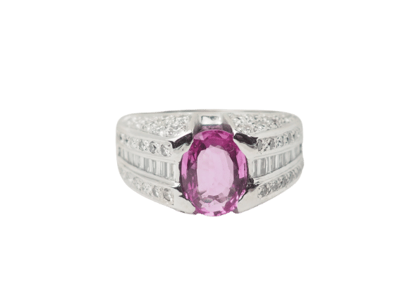 Bague 53 Bague jonc en or blanc, saphir rose et diamants 58 Facettes 33291