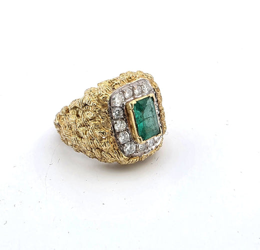 Bague 48 Superbe bague vintage en or jaune massif avec émeraude et diamants 58 Facettes