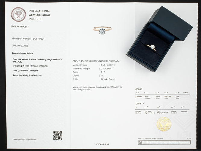 Bague 56.5 Bague en or 14 carats – Solitaire diamant 0,70 ct 58 Facettes AG30