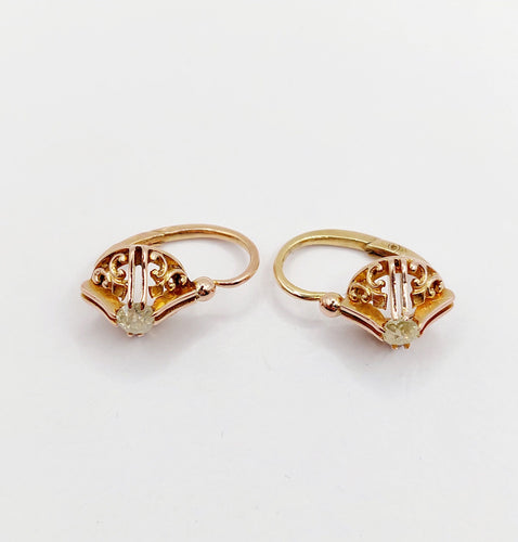 Boucles d'oreilles Dormeuses or rose, diamants jaunes taille ancienne (circa 1900) 58 Facettes A06239