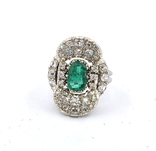 Bague 55 Bague vintage des années 50 avec émeraude 1,40 Ct et diamants taille ancienne 2,50 Ct 58 Facettes