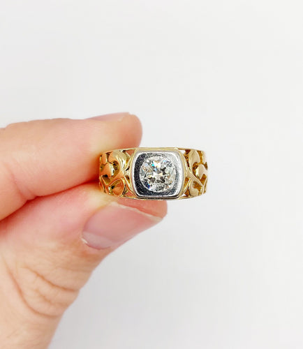 Bague 57 Bague chevalière art nouveau diamant 0,90 ct en or 18k et platine 58 Facettes A06449