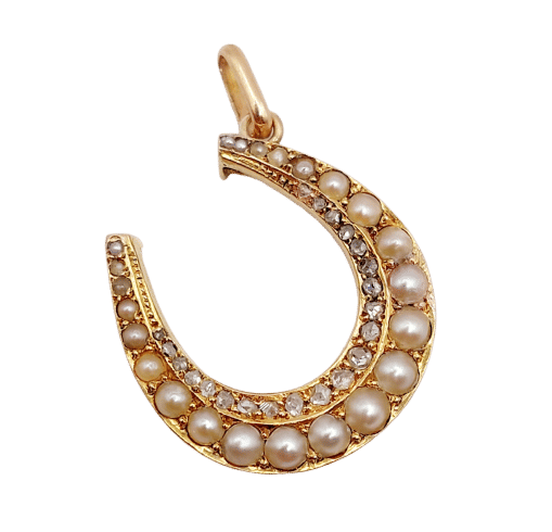Pendentif Pendentif fer à cheval en or rose 18k, diamants tailles roses et perles 58 Facettes A06353