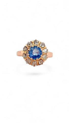 Bague 48 Bague ancienne en or rose , diamants et Aigue Marine 58 Facettes