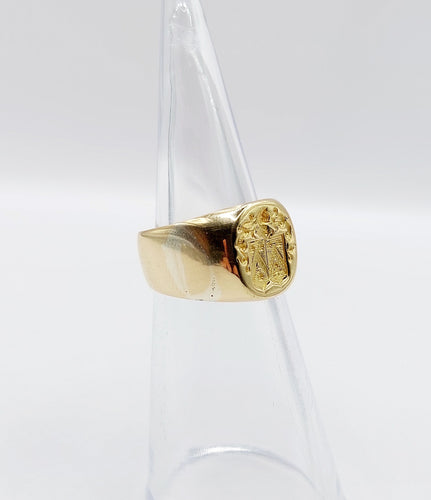 Bague 45 Chevalière antique or 18k armoiries française blason fleur, heaume et lion, sceau 58 Facettes A05250